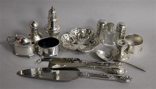 A George V Scottish silver three piece condiment set and other silver items including condiments, dish, cutlery etc.